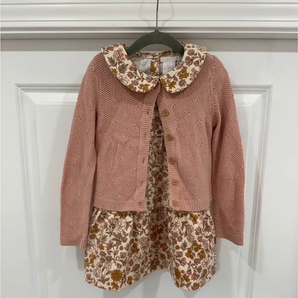 Girls Dusty Rose Knit Cardigan + Floral Dress Set